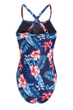 Floral Print Mesh Patchwork Criss Cross One-piece Swimsuit