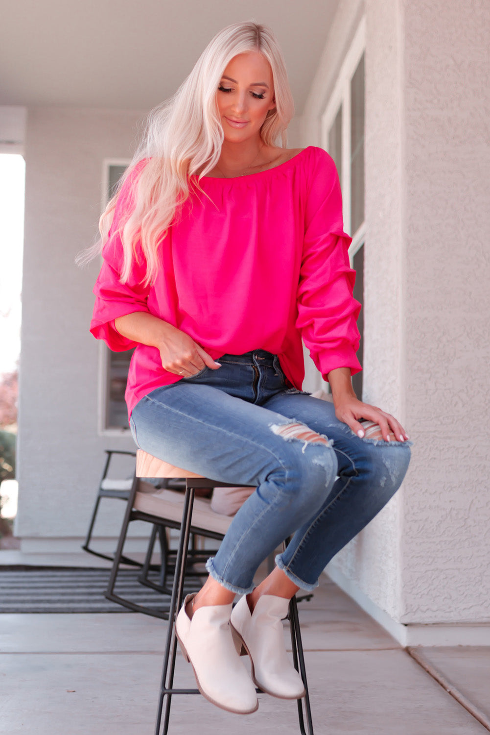 Pleated Sleeve Off Shoulder Blouse