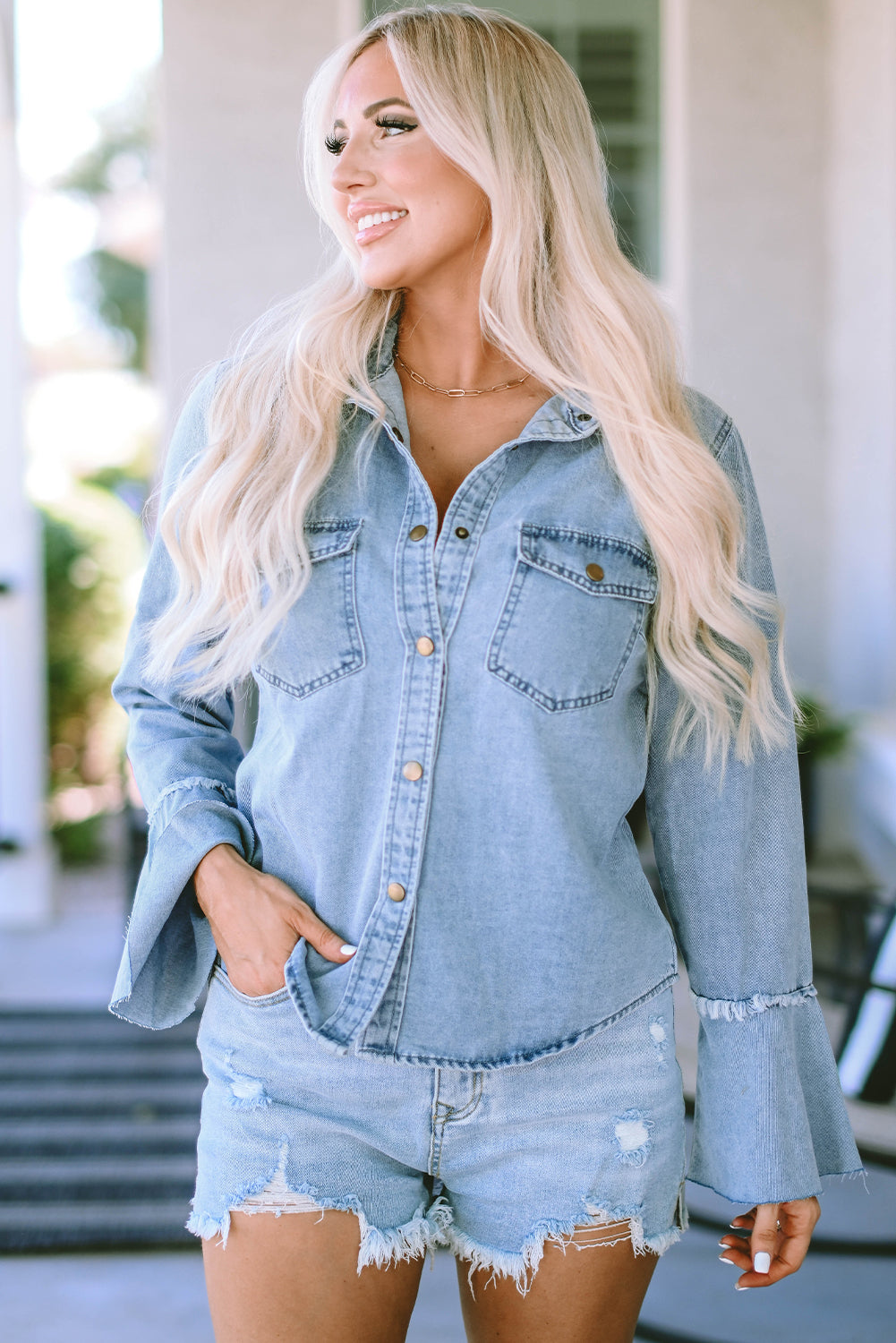 Chest Pockets Bell Sleeve Buttoned Denim Jacket