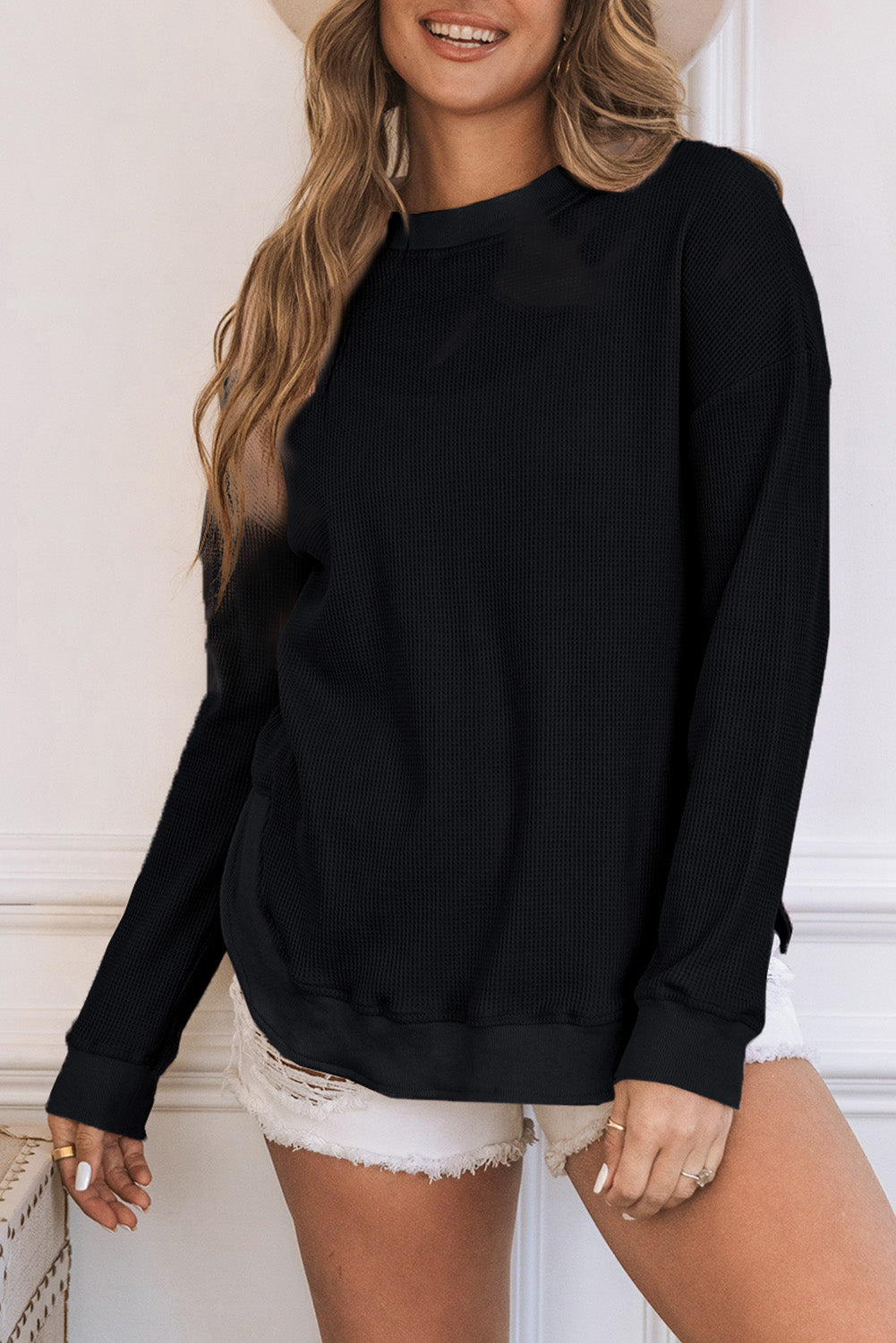 Crew Neck Ribbed Trim Waffle Knit Top