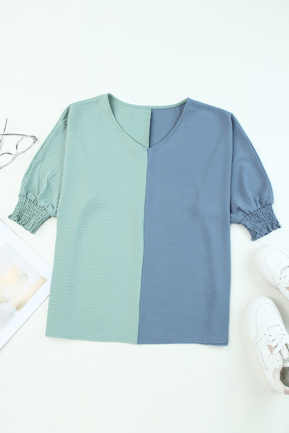 Color Block Shirred 3/4 Sleeve V Neck Top