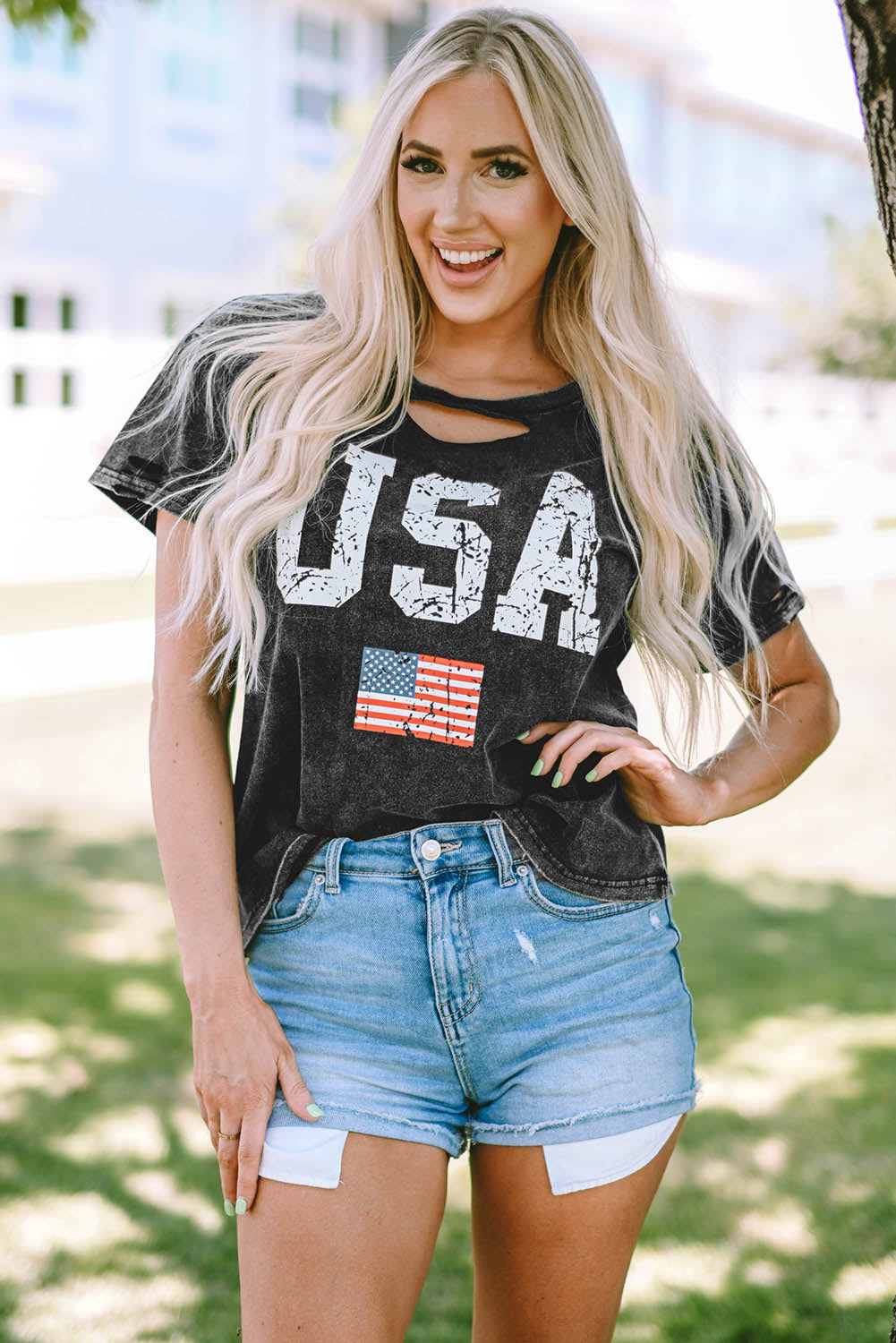 Distressed Tie-dye USA Flag Print T-shirt