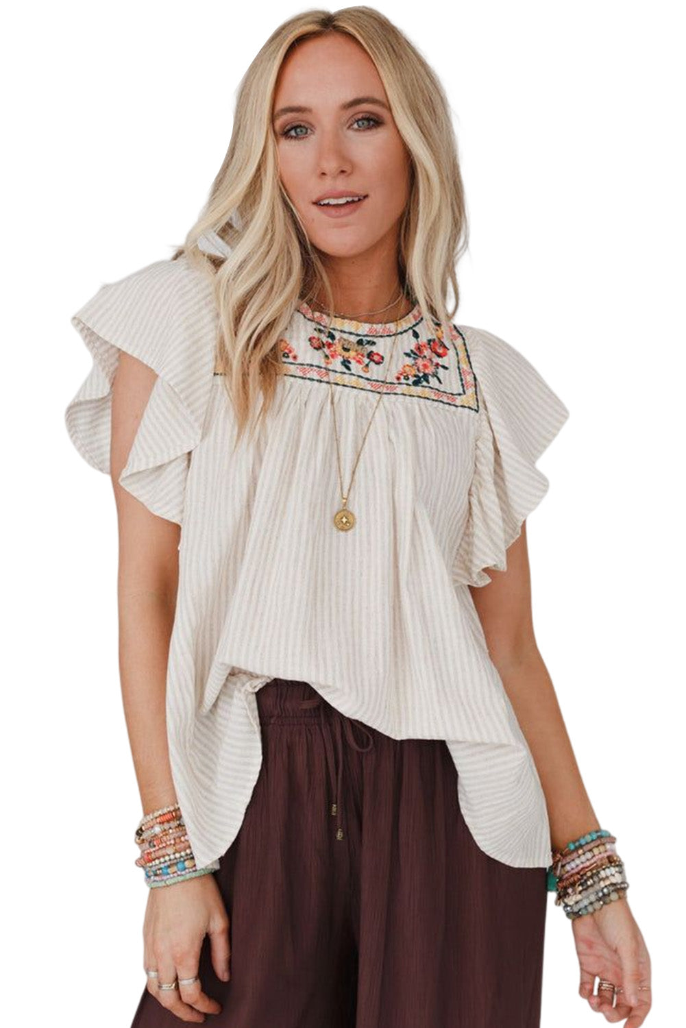 Stripe Ruffled Sleeve Embroidered Blouse