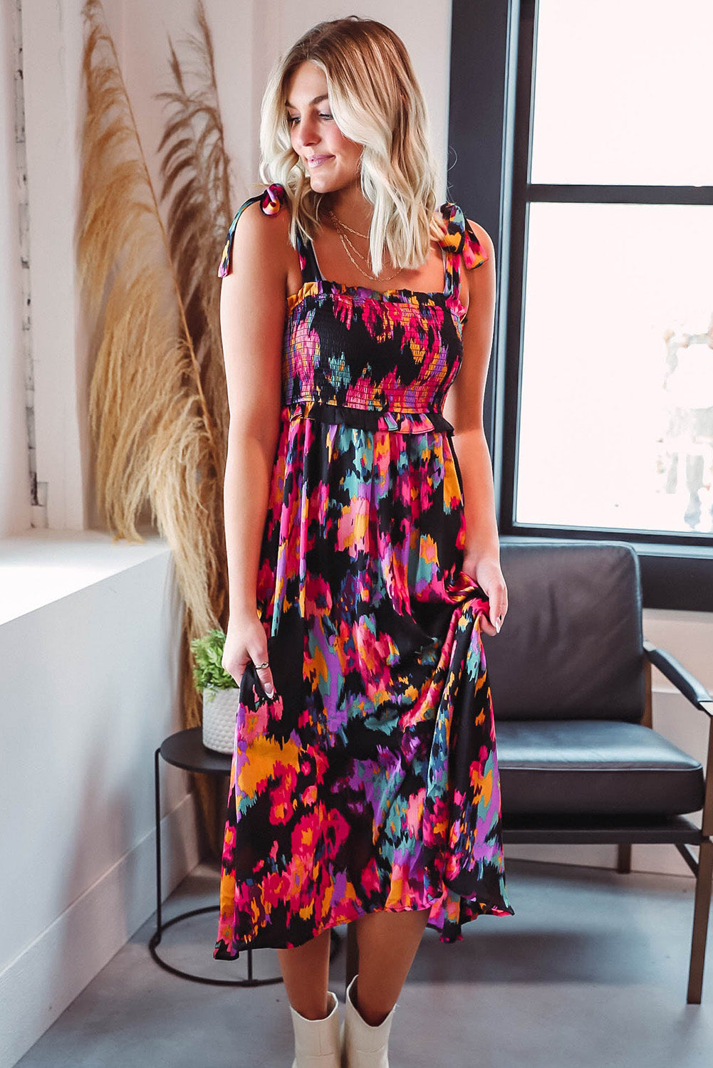 Abstract Floral Pattern Flutter Sleeve Tiered Maxi Dress