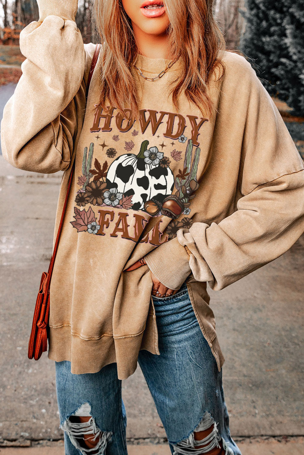 HOWDY FALL Pumpkin Print Split Hem Sweatshirt