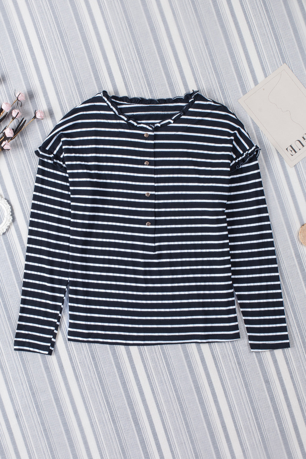 Striped Print Ruffled Buttoned Long Sleeve Top