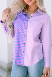 Chemise violette boutonnée à manches longues et poche poitrine à carreaux mélangés