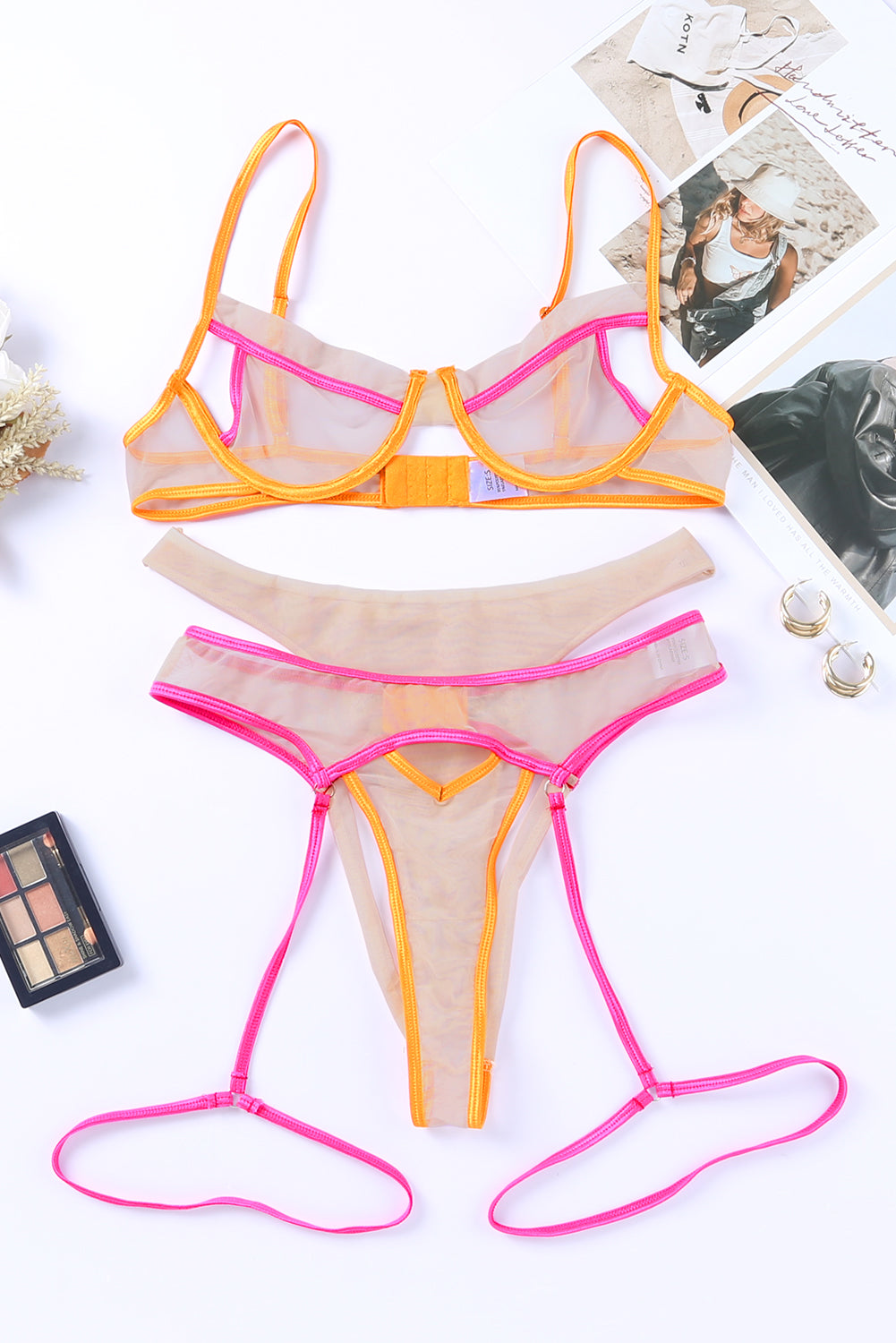 Colorblock Trim Spaghetti Strap Three Piece Lingerie Set