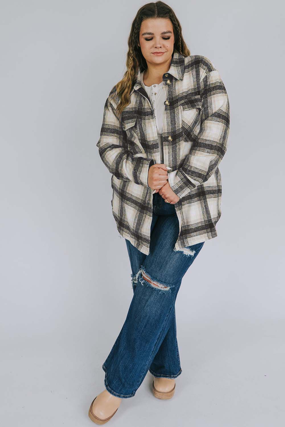 Plus Size Brushed Plaid Flap Pocket Shacket