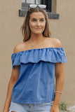 Off-the-shoulder Ruffled Denim Top