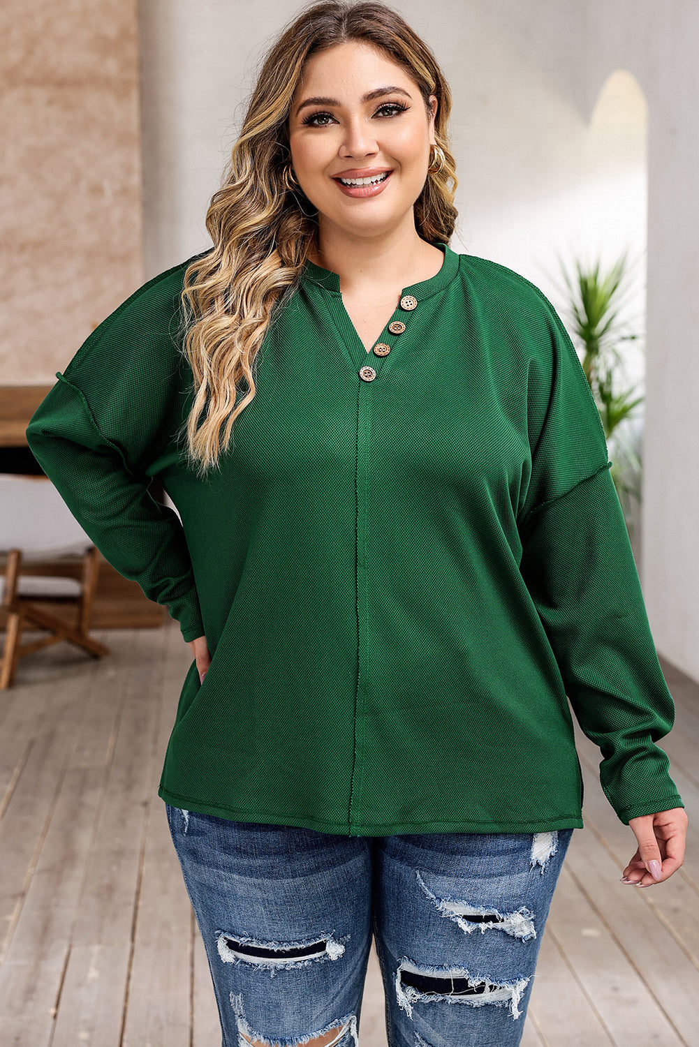 Exposed Seam Henley Buttoned Plus Size Long Sleeve Top