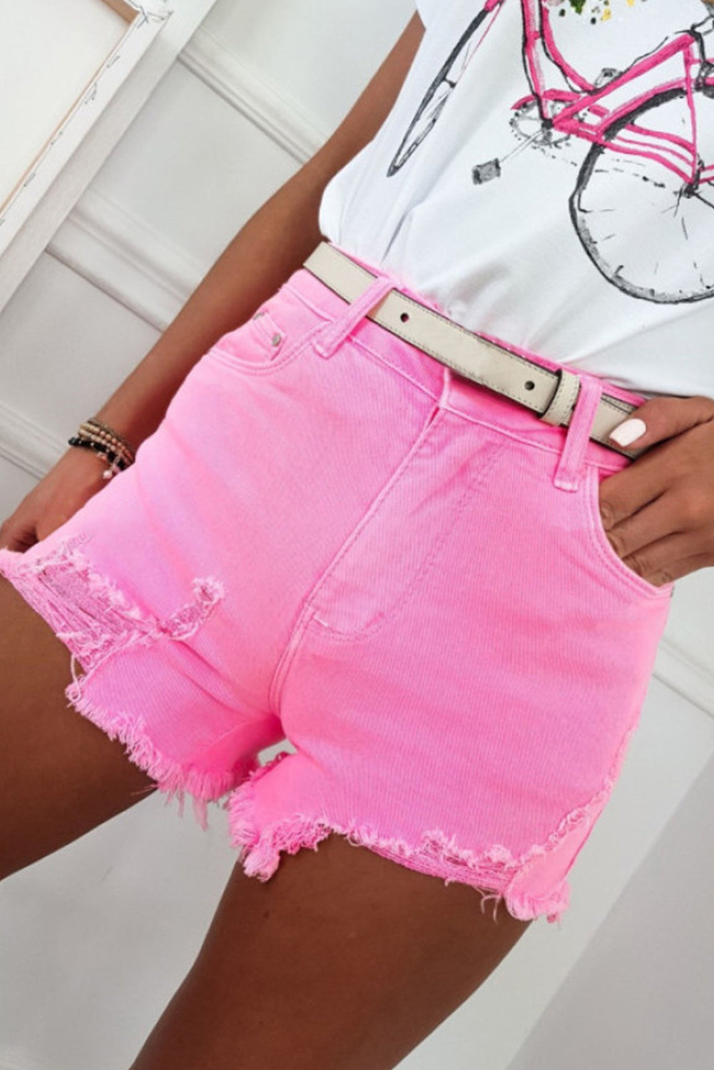 Solid Color Distressed Denim Shorts