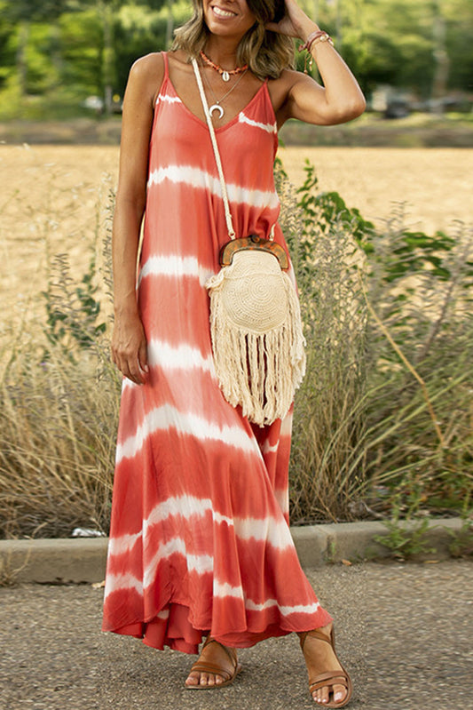 Robe longue orange à rayures et bretelles spaghetti