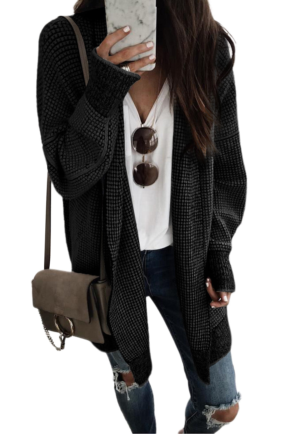 Gray Textured Knit Pocketed Duster Cardigan