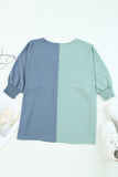 Color Block Shirred 3/4 Sleeve V Neck Top