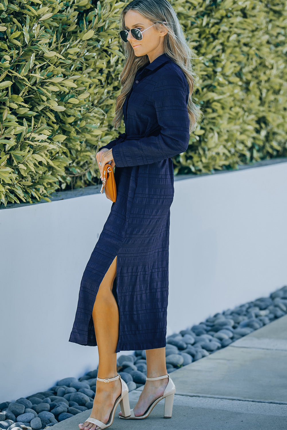 Crinkle Textured Long Sleeve Shirt Dress with Belt