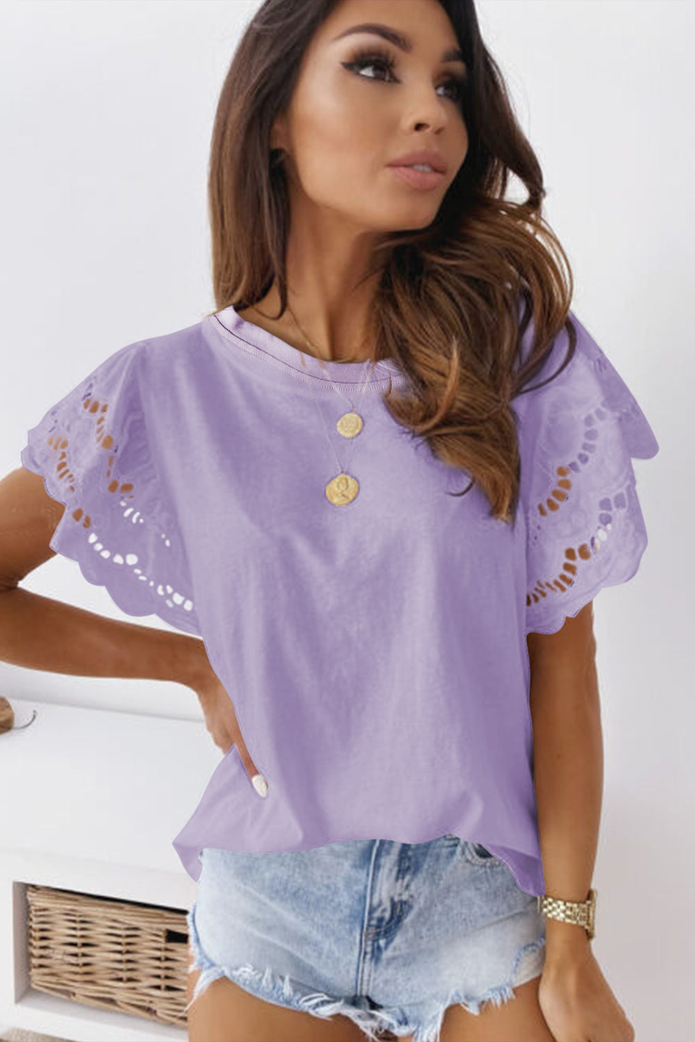 Hollow Out Ruffle Sleeve T-shirt