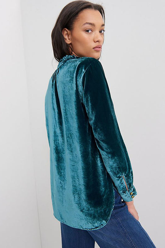 Green Frilled Neck Buttoned Front Velvet Top