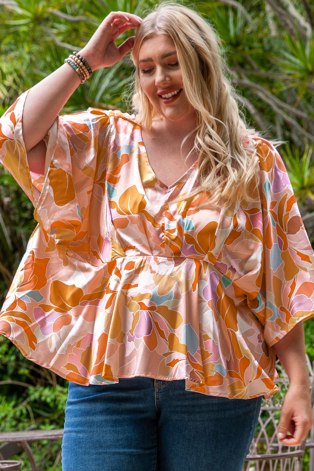 Plus Size Floral Print V Neck Peplum Blouse