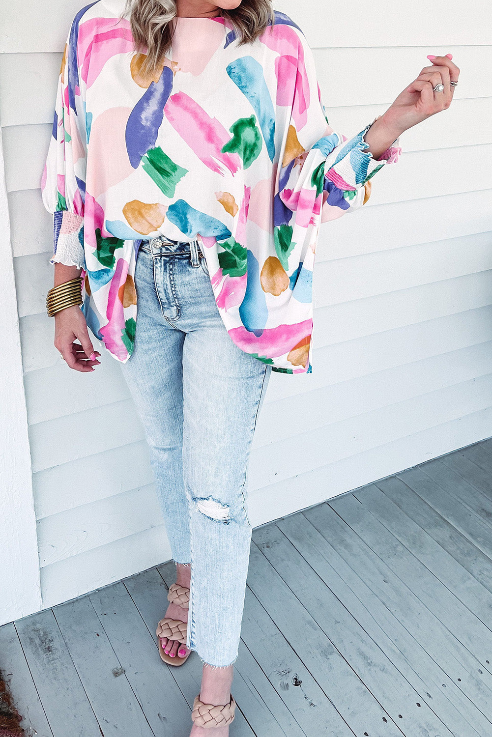 Brushstroke Graffiti Print Dolman Sleeve Blouse