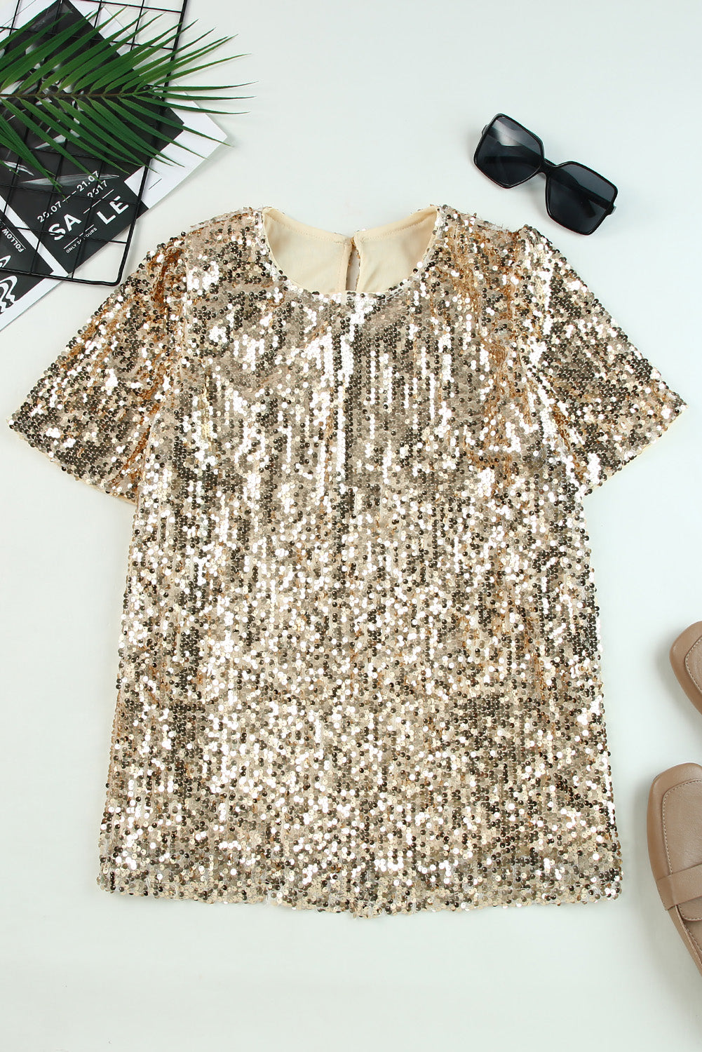 Keyhole Back Sequin Puff Sleeve T Shirt