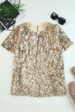 Keyhole Back Sequin Puff Sleeve T Shirt