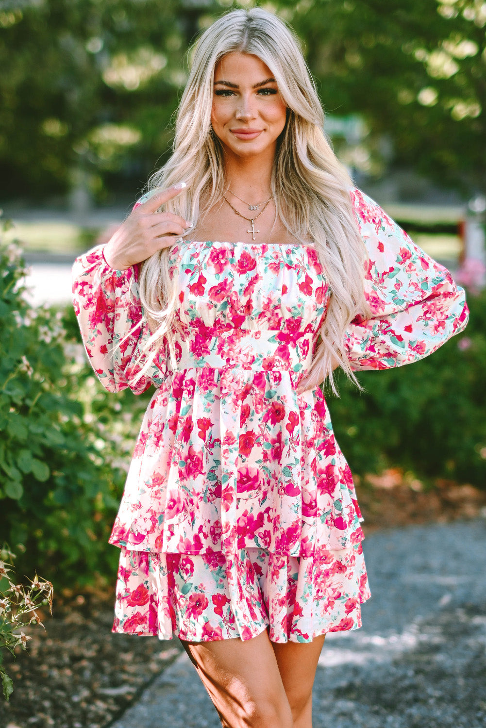 Ruffle Tiered High Waist Puff Sleeve Floral Dress