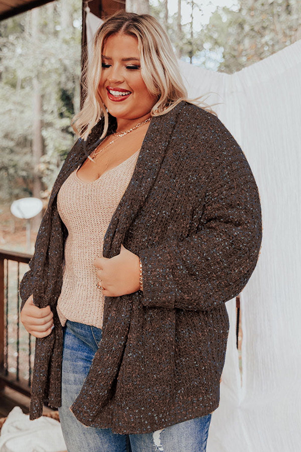 Khaki Open Front Knit Plus Size Cozy Cardigan