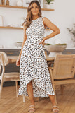 Robe midi haute et basse smockée léopard blanche