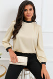 Color Block Bow Back Mock Neck Blouse