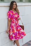 Floral Smocked Waist Bubble Sleeve Flare Dress