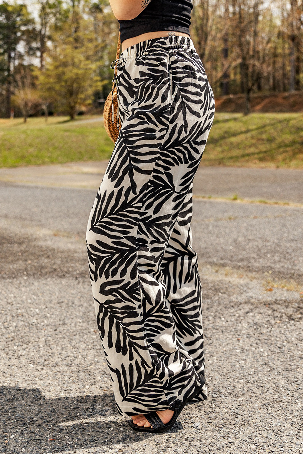 Tropical Leafy Print Drawstring Wide Leg Pants