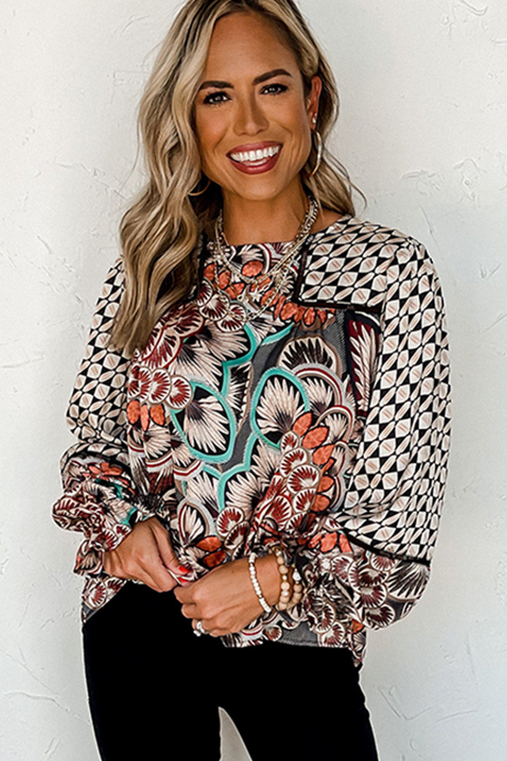 Mixed Floral Geometric Print Ruffled Long Sleeve Blouse