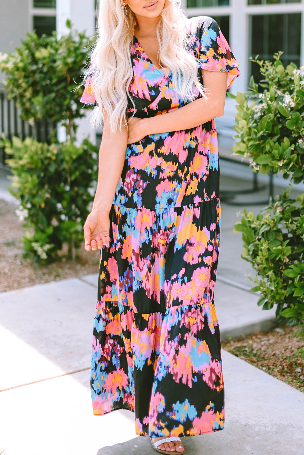 Abstract Floral Pattern Flutter Sleeve Tiered Maxi Dress