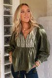 Embroidered Split Neck Pleated Loose Blouse