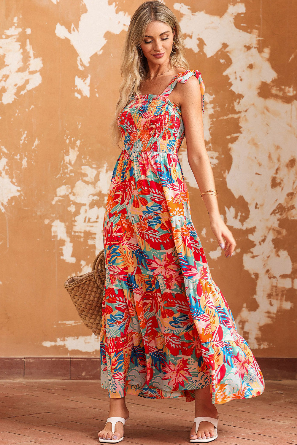 Vibrant Tropical Print Smocked Ruffle Tiered Maxi Dress