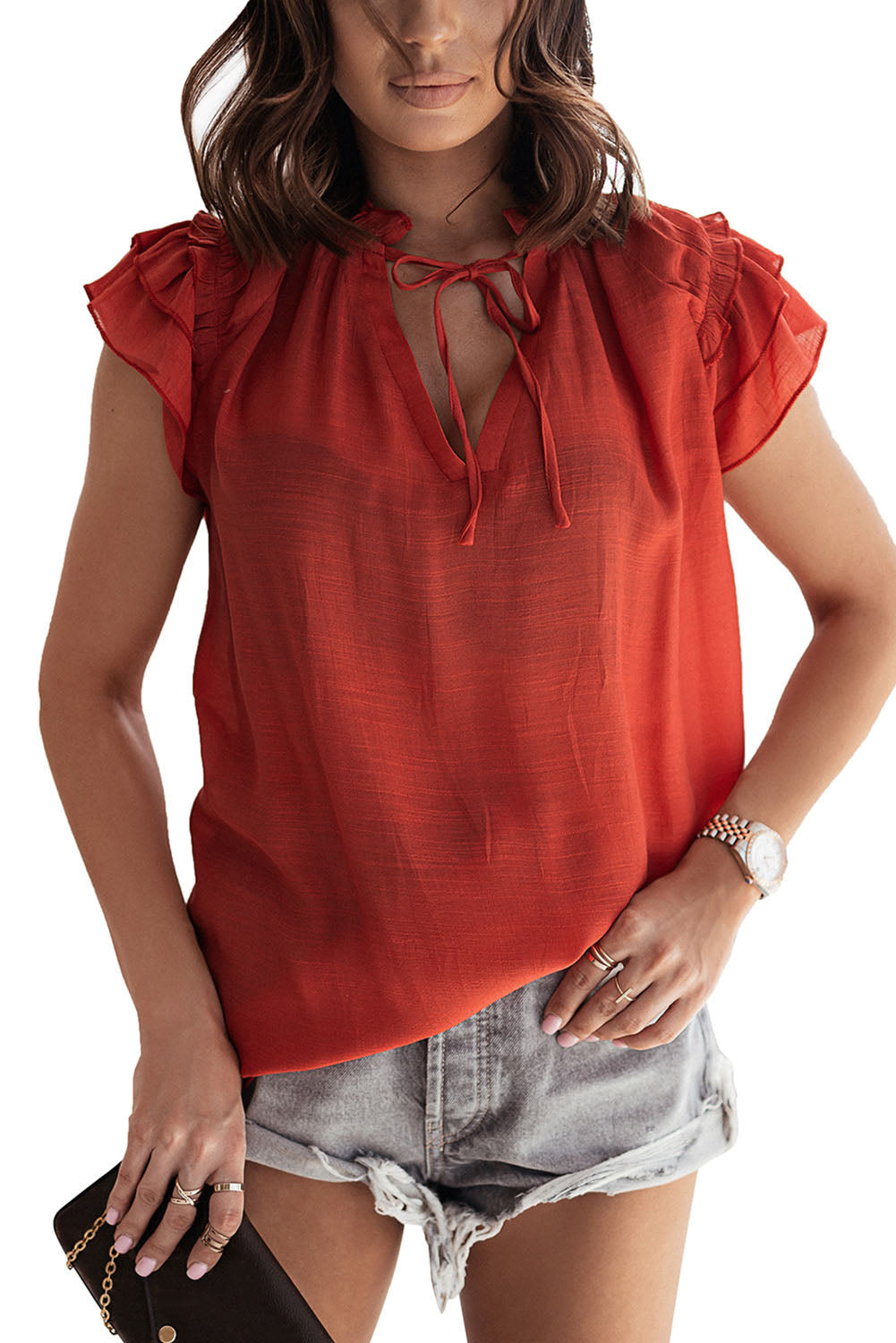 Tiered Ruffled Drawstring V Neck Top