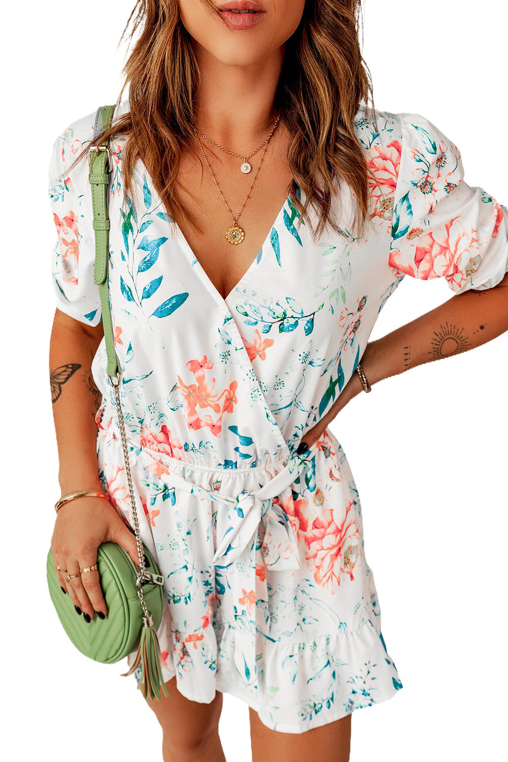 Floral Print Puff Sleeves Romper