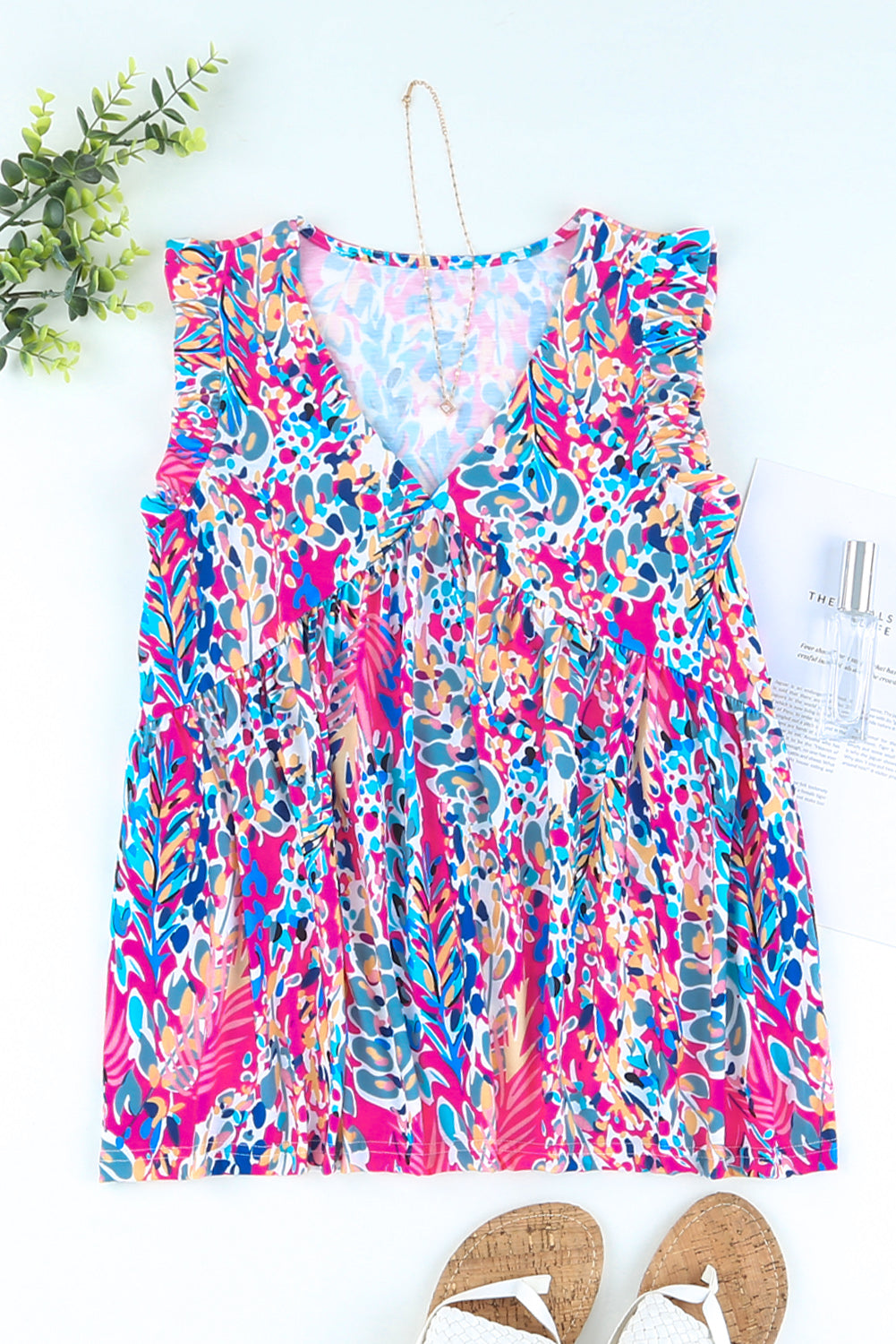 Boho Pattern Print Flounce V Neck Tank Top