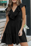 Ruffle Trim V Neck Smocking Back Mini Dress