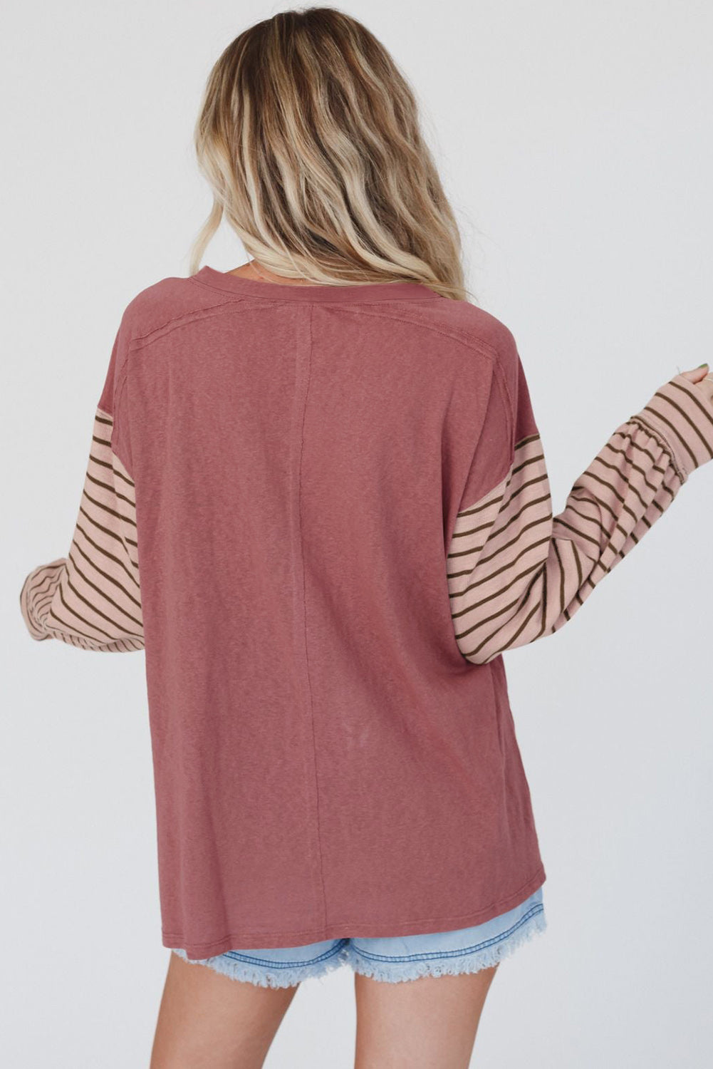 Peach Blossom Colorblock Striped Bishop Sleeve Top