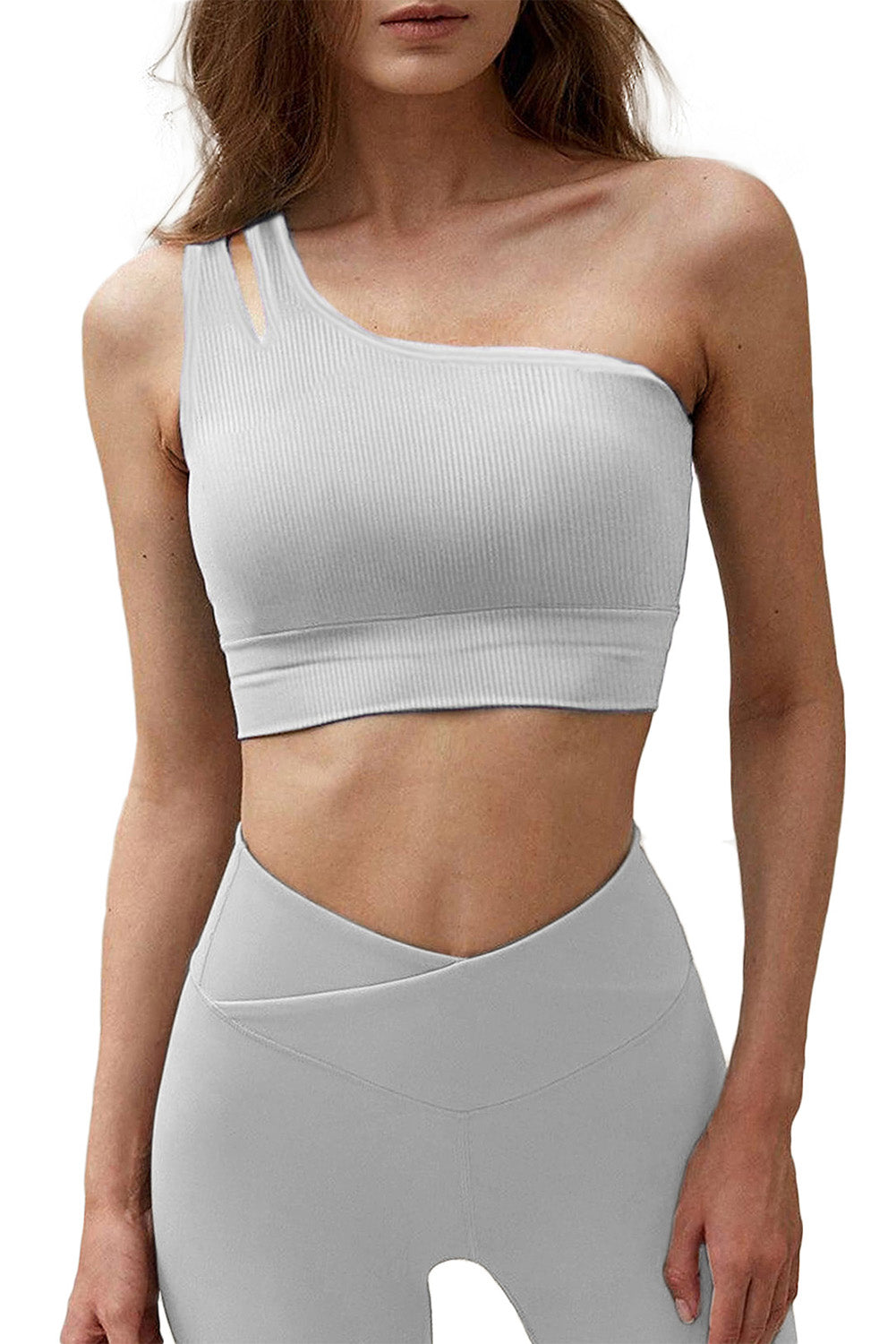 Single Split Shoulder Ribbed Cropped Sports Top