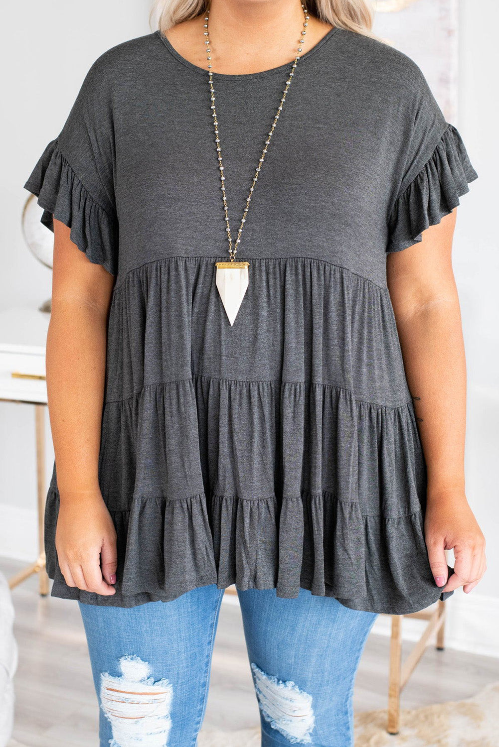 Tiered Ruffled Short Sleeve Plus Size Blouse