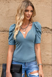 Ribbed Knit V Neck Ruched Sleeve Top