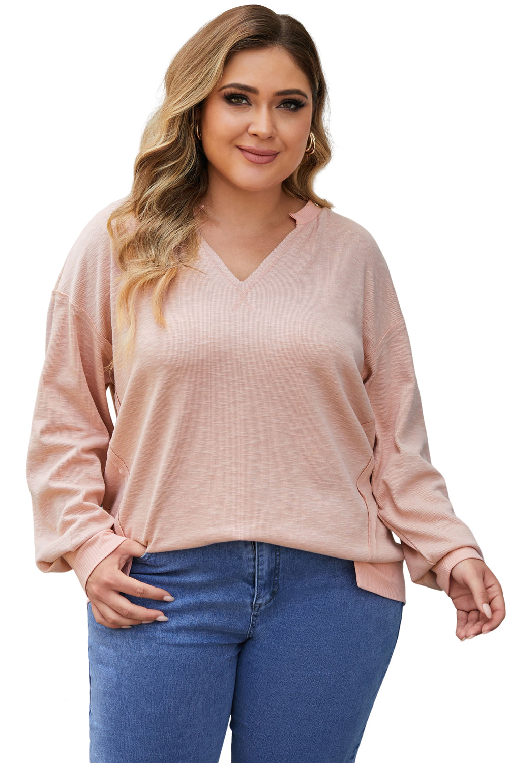 Raw Cut Notched Neck Plus Size French Terry Hoodie