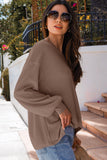 Coffee Waffle V Neck Long Sleeve Drop Shoulder Loose Blouse