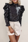 Apricot Sequin Mock Neck Bubble Sleeve Top