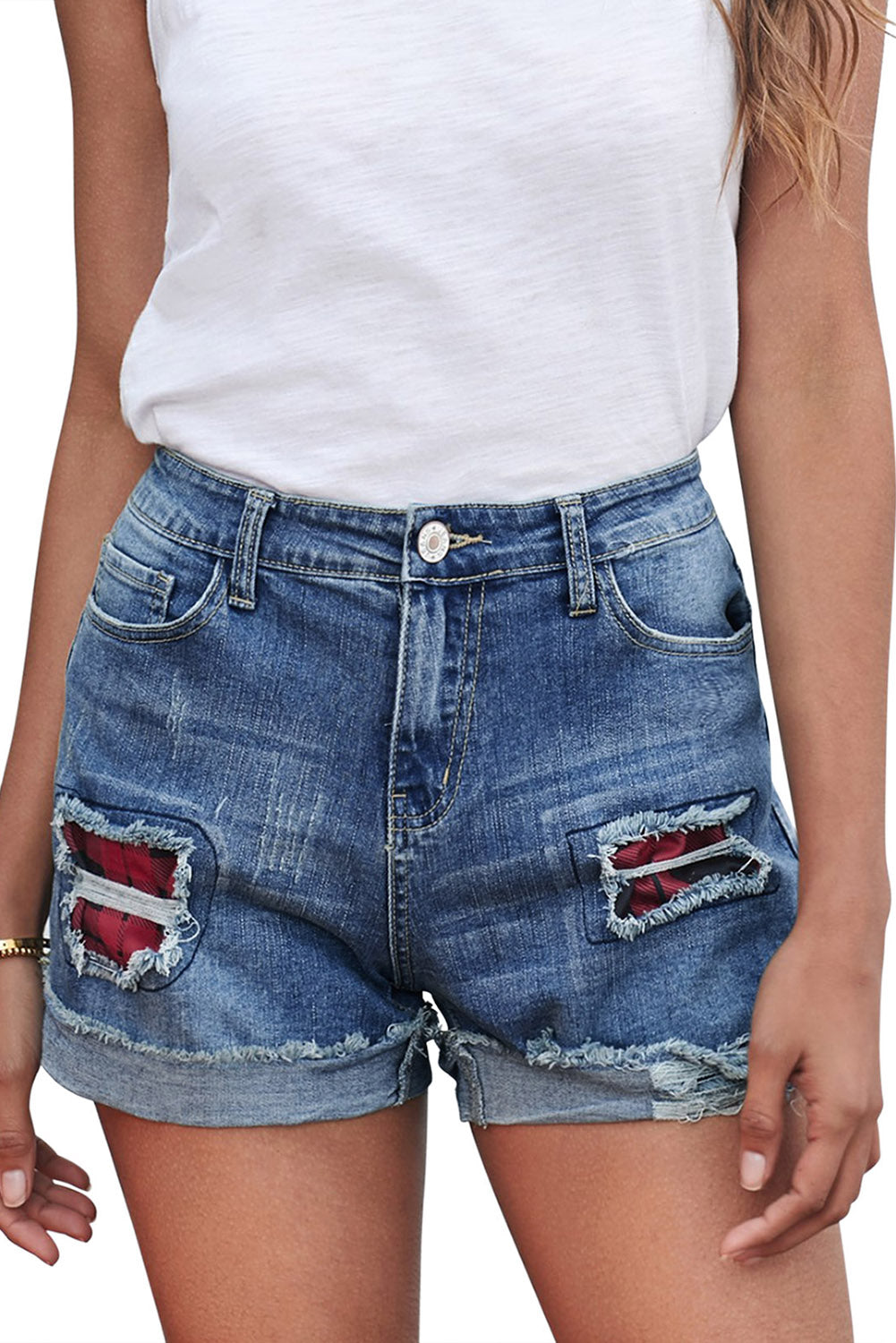 Floral Patchwork Rolled Hem Denim Shorts