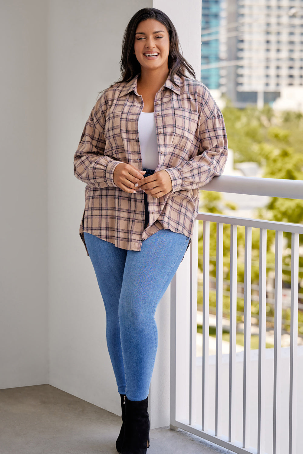 Plus Size Plaid Print Buttoned Oversized Tunic Shirt