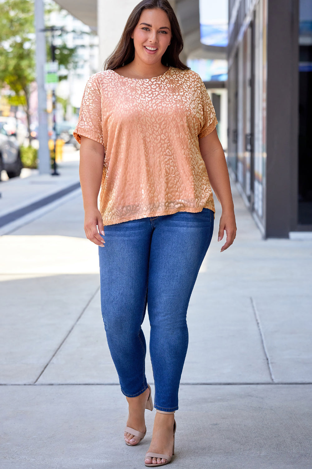 Rose T-shirt Léopard Pailleté Ombre de Grande Taille